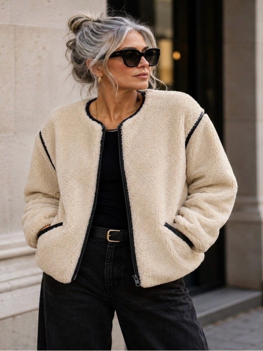 GAP Cream Sherpa Teddy Jacket with Black Trim